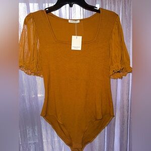 Mangopop Collection Orange Puff Sleeve Fitted Bodysuit